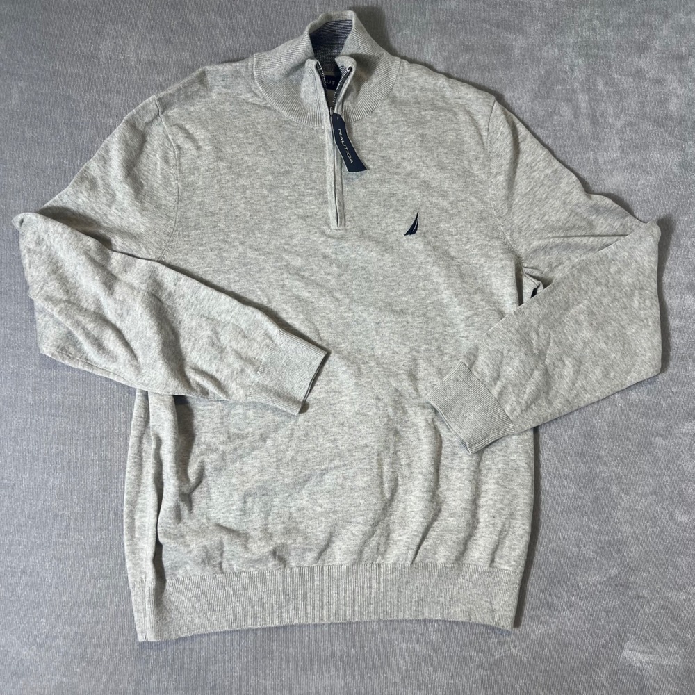 Nautica Mens Grey Heather 100% Cotton Quarter Zip Pullover Sweater Medium